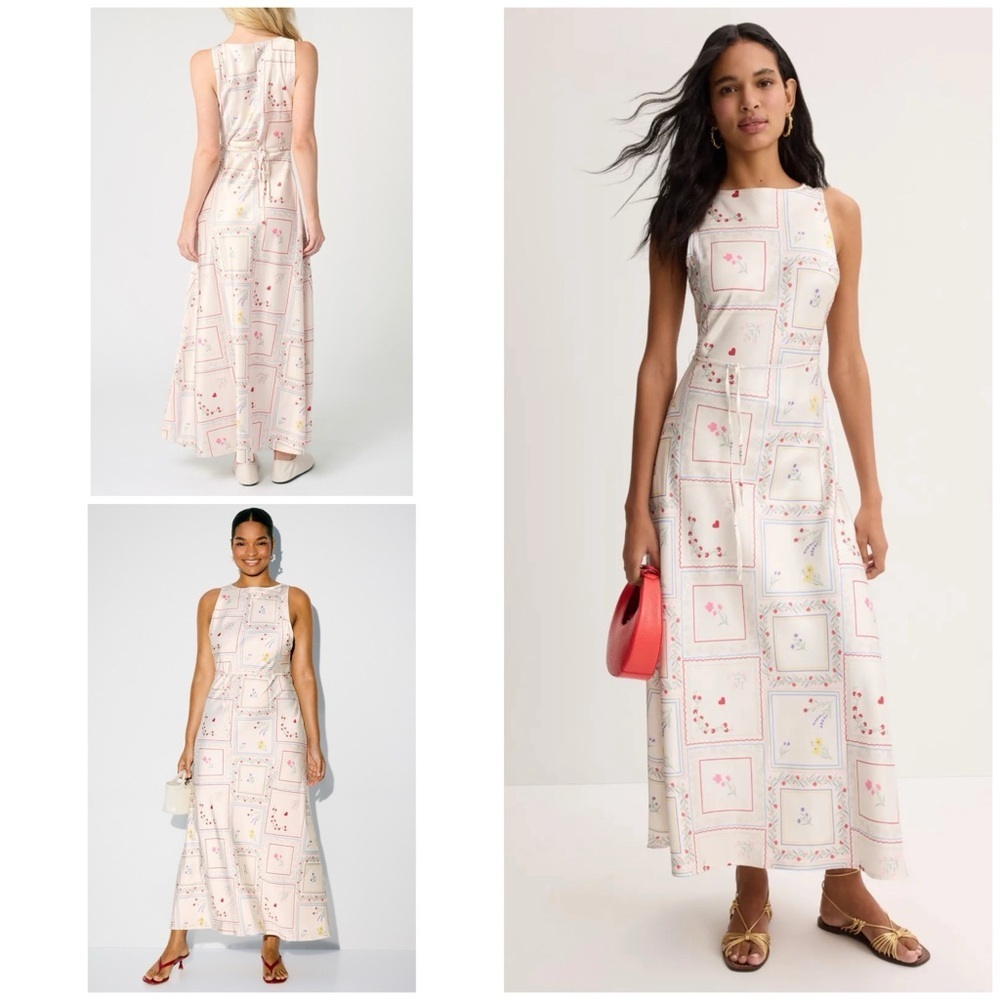 NWT WEWOREWHAT Floral Flowet Heart Postcard Boat Neck Satin Slip Pullover Dress
